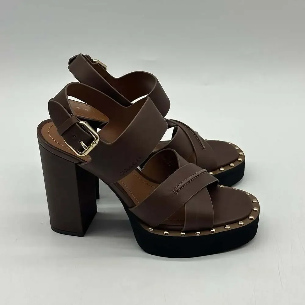 COACH Callie Platform Saddle Brown Leather Strappy Heels Sandals Women's Size 8B